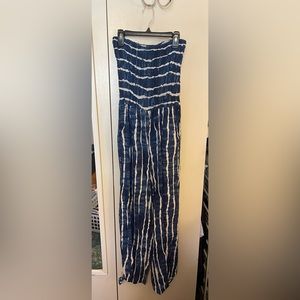 blue and white striped tube top jumpsuit